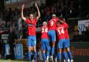 Dagenham players celebrate their fourth goal scored by Myles Weston during Dagenham & Redbridge vs Bromley, Vanarama National League Football at the Chigwell Construction Stadium on 28th August 2021