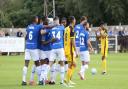 Wealdstone celebrating a goal against Aldershot Town at Grosvenor Vale