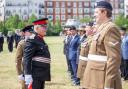 Martin Russell, Deputy Lieutenant for Greater London and the London Borough of Barnet, addresses reservists at the Armed Forces Day parade