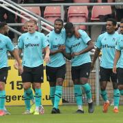 Josh Umerah of Wealdstone scores the first goal for his team and celebrates with his team mates during Dagenham & Redbridge vs Wealdstone , Vanarama National League Football at the Chigwell Construction Stadium on 4th September 2021