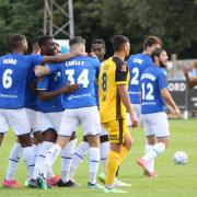 Wealdstone celebrating a goal against Aldershot Town at Grosvenor Vale