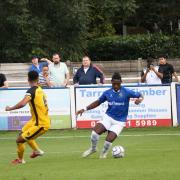 Ira Jackson Jnr of Wealdstone on the ball against Aldershot Town at Grosvenor Vale