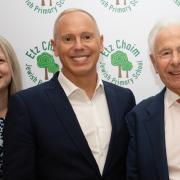 Headteacher Hannah Martin with 'Judge' Robert Rinder and school president Lord Levy