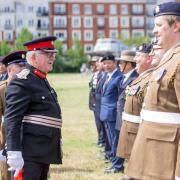 Martin Russell, Deputy Lieutenant for Greater London and the London Borough of Barnet, addresses reservists at the Armed Forces Day parade