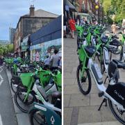 General picture of Lime bikes on pavements in South End Green as bays are full on summer days