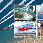 The eight stamps feature the Red Arrows' trademark red, white and blue trails in the sky.