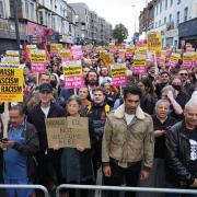 Demonstrators at an anti-racism protest in Walthamstow, London on Wednesday August 7, 2024