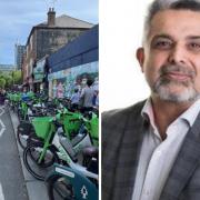 Lime bikes (left) and Brent Council leader Cllr Muhammed Butt (right)