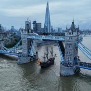 The replica of a 15th century Spanish galleon ship was seen sailing up the River Thames on its tour of the UK.