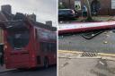 A bus had its roof torn in a crash