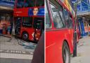 Screengrabs from a @CrimeLDN post showing a bus which crashed into a shop on Harrow Road