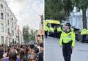 Crowds at Notting Hill Carnival (left) and police at the event (right)