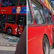 Screengrabs from a @CrimeLDN post showing a bus which crashed into a shop on Harrow Road