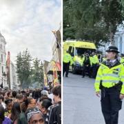 Crowds at Notting Hill Carnival (left) and police at the event (right)