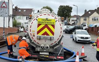 A Thames Water truck fell into a sinkhole in Oxleys Road, Dollis Hill